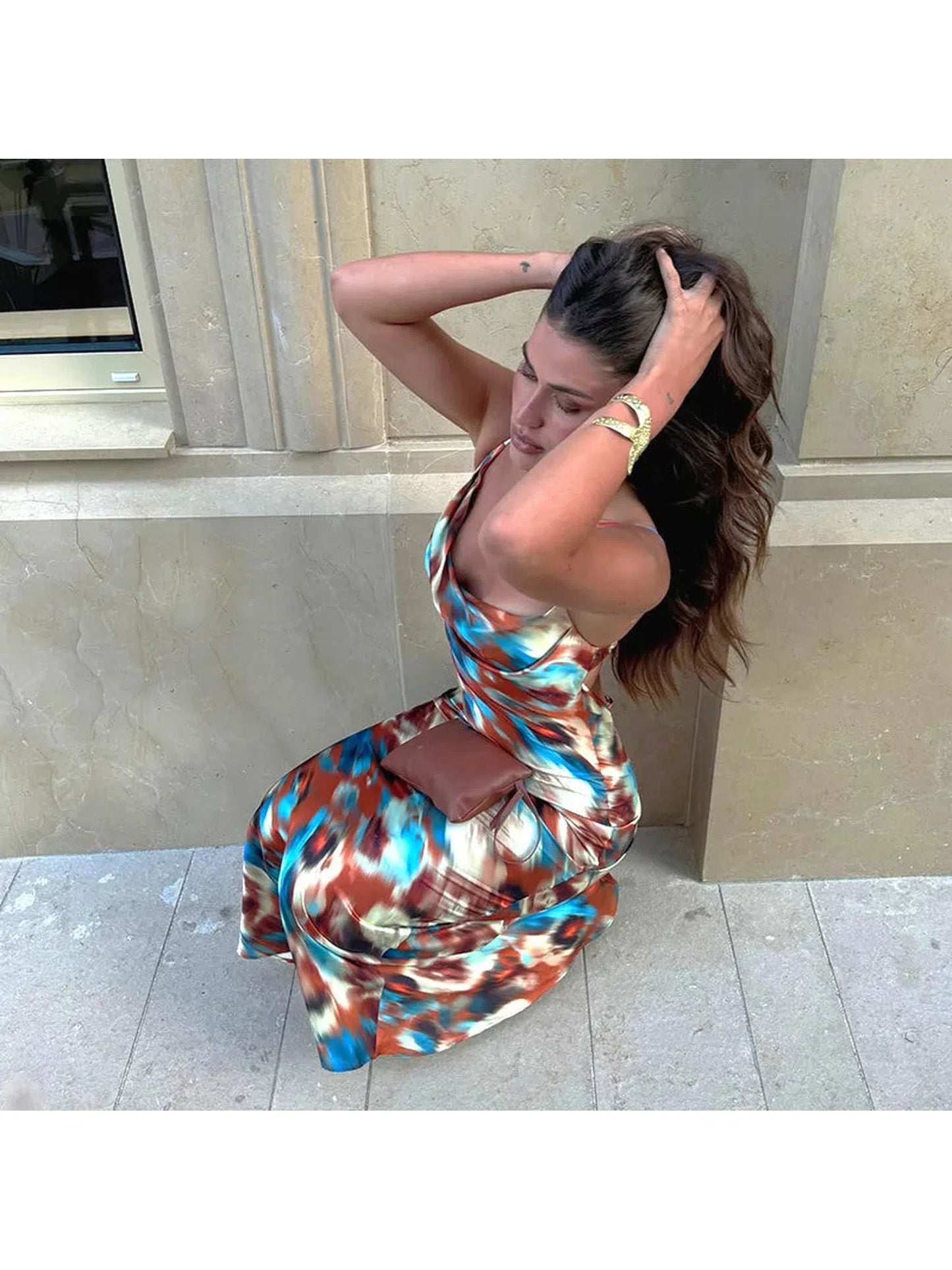 Spaghetti Strap Print Backless Maxi Dress For Women