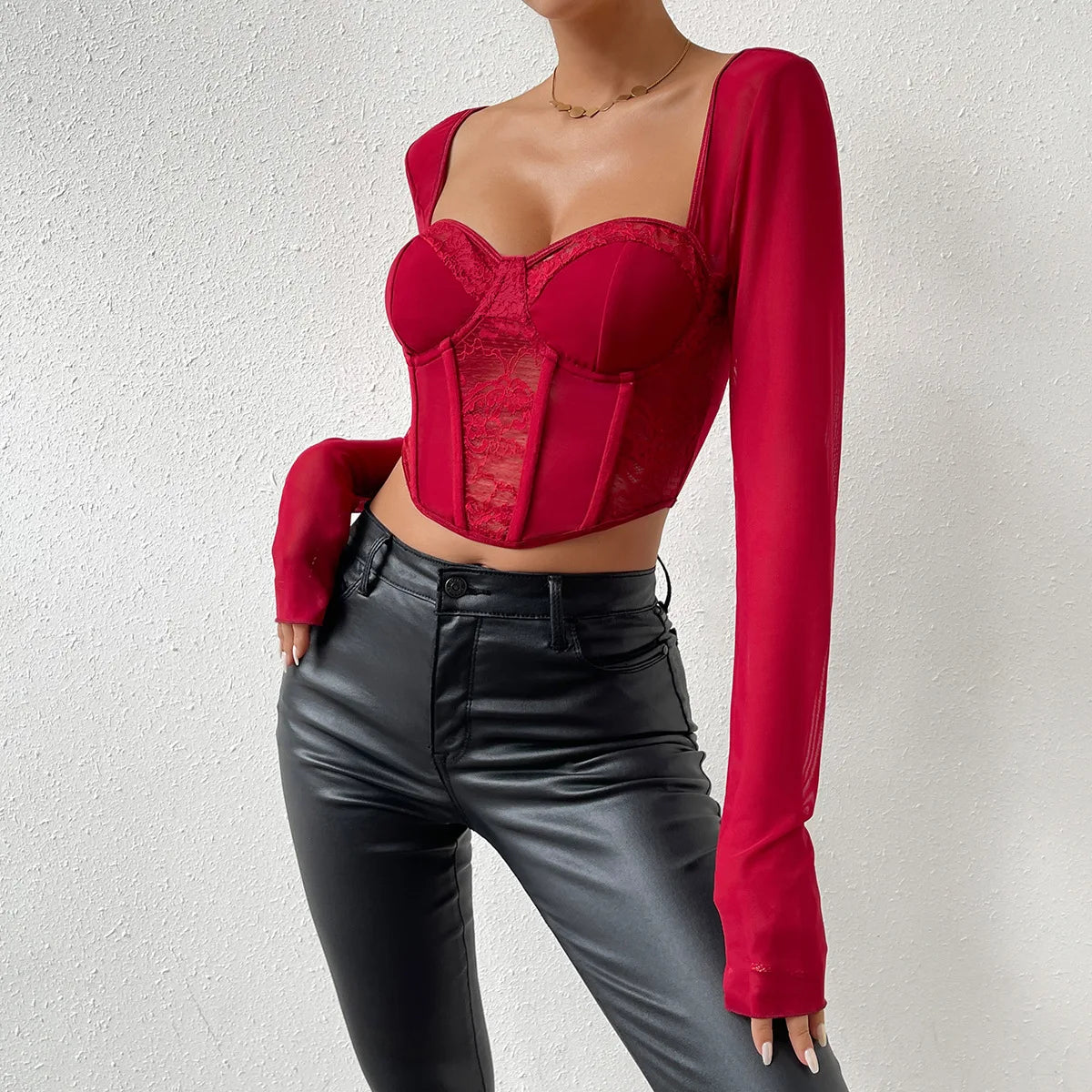 Autumn Chic Sexy V Neck Long Sleeve Mesh Crop Top