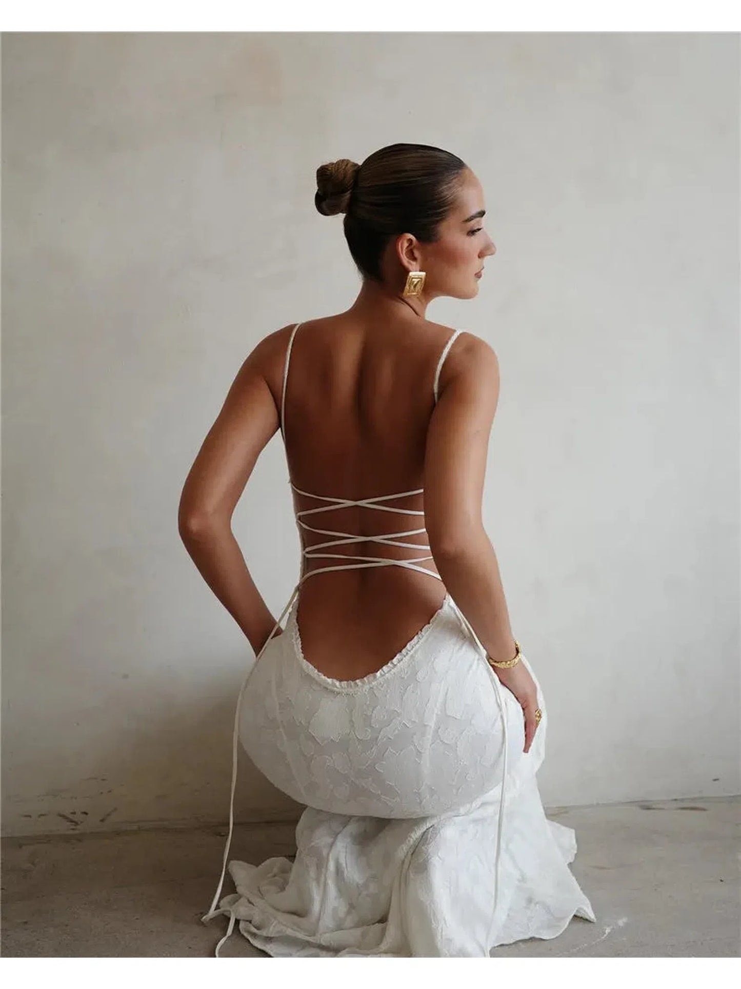 White Backless Lace-Up Maxi Dress For Women