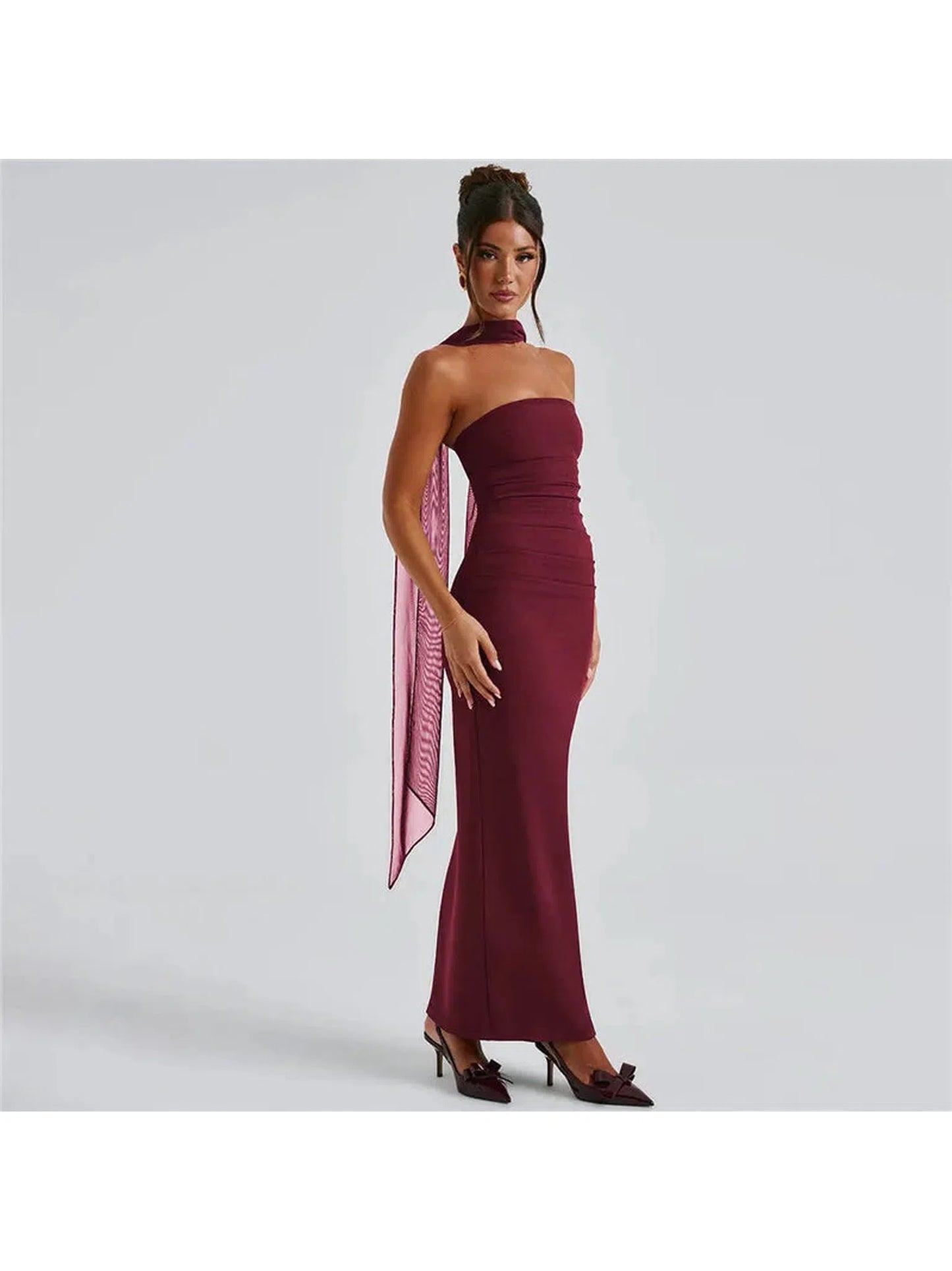 Burgundy Strapless Backless Maxi Dress For Women