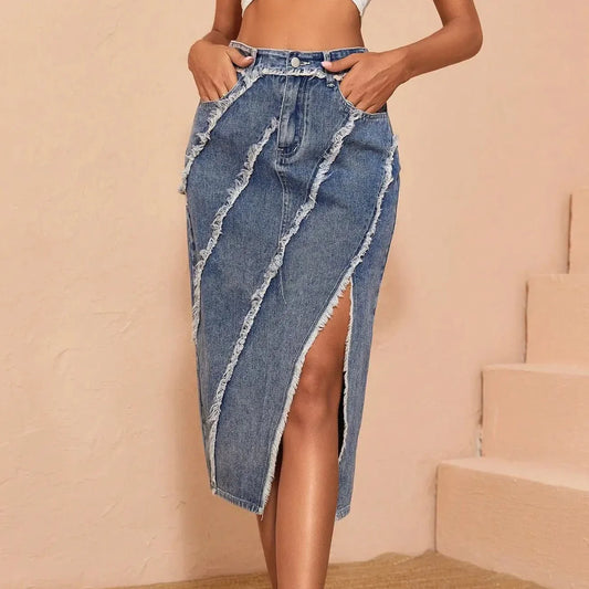 Blue Raw Edge Midi Denim Skirt