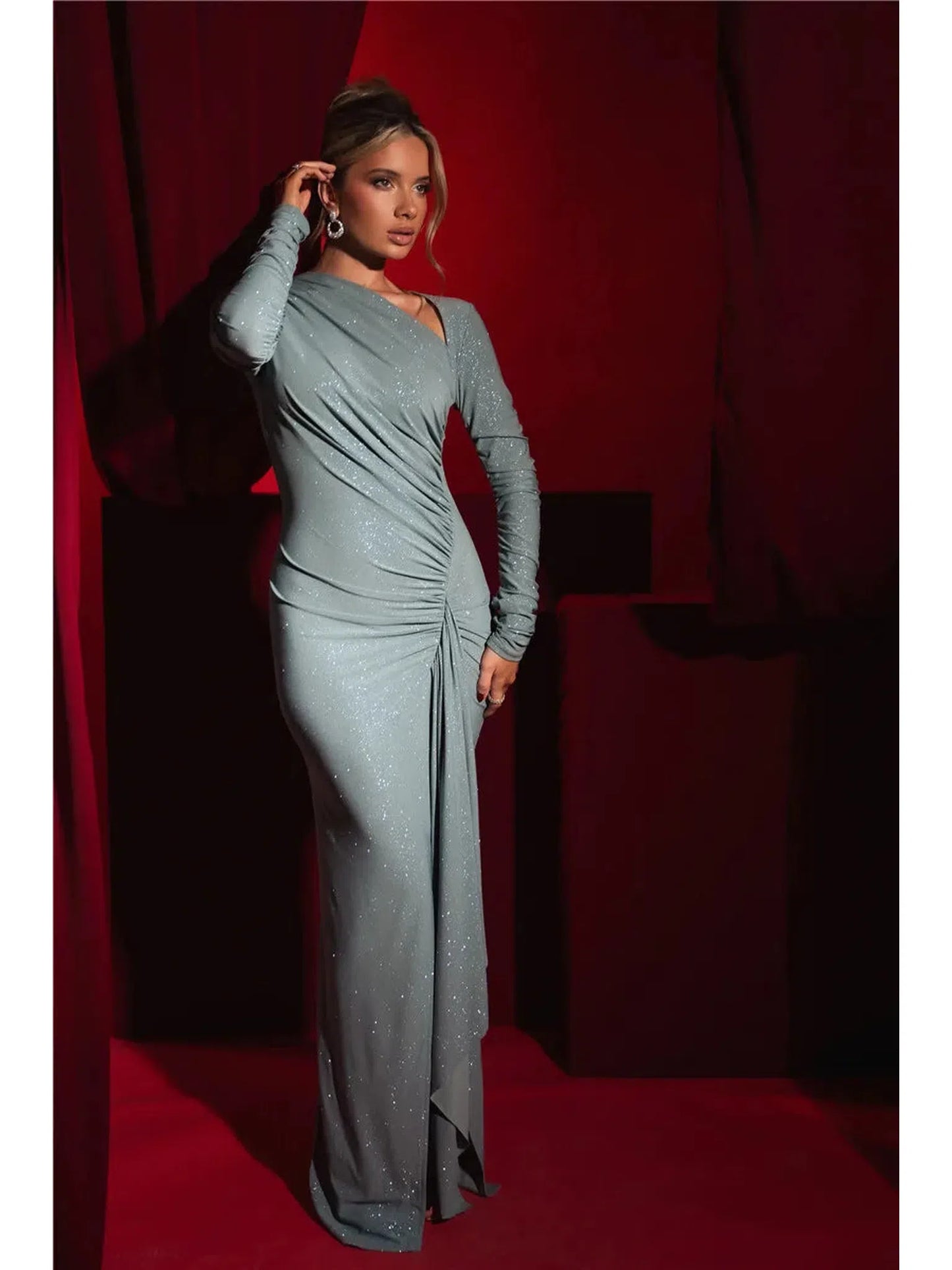 Sparkle Long Sleeve Ruched Maxi Dress With Thigh High Split