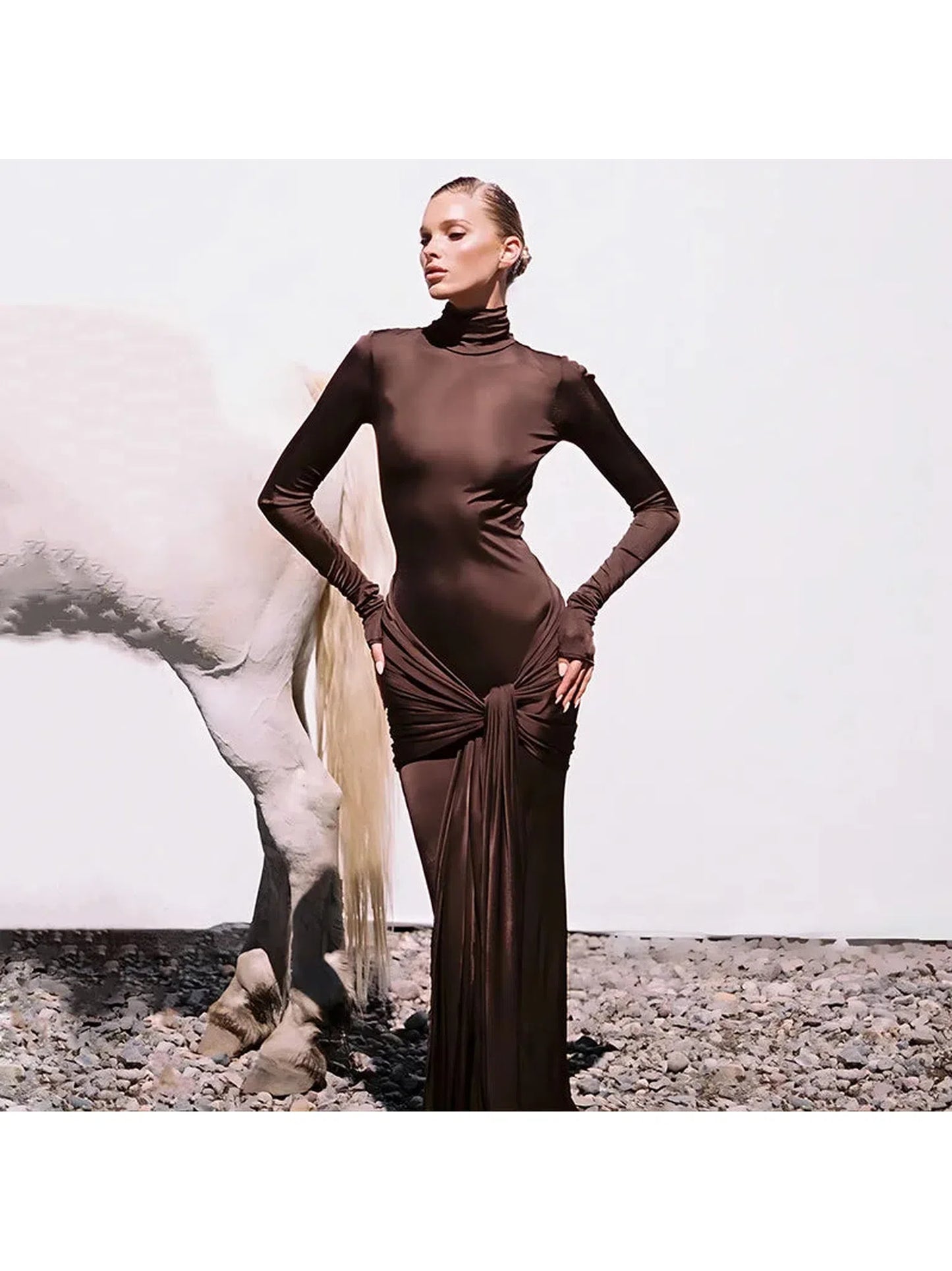 Turtleneck Long Sleeve Maxi Dress Femme Evening Wear