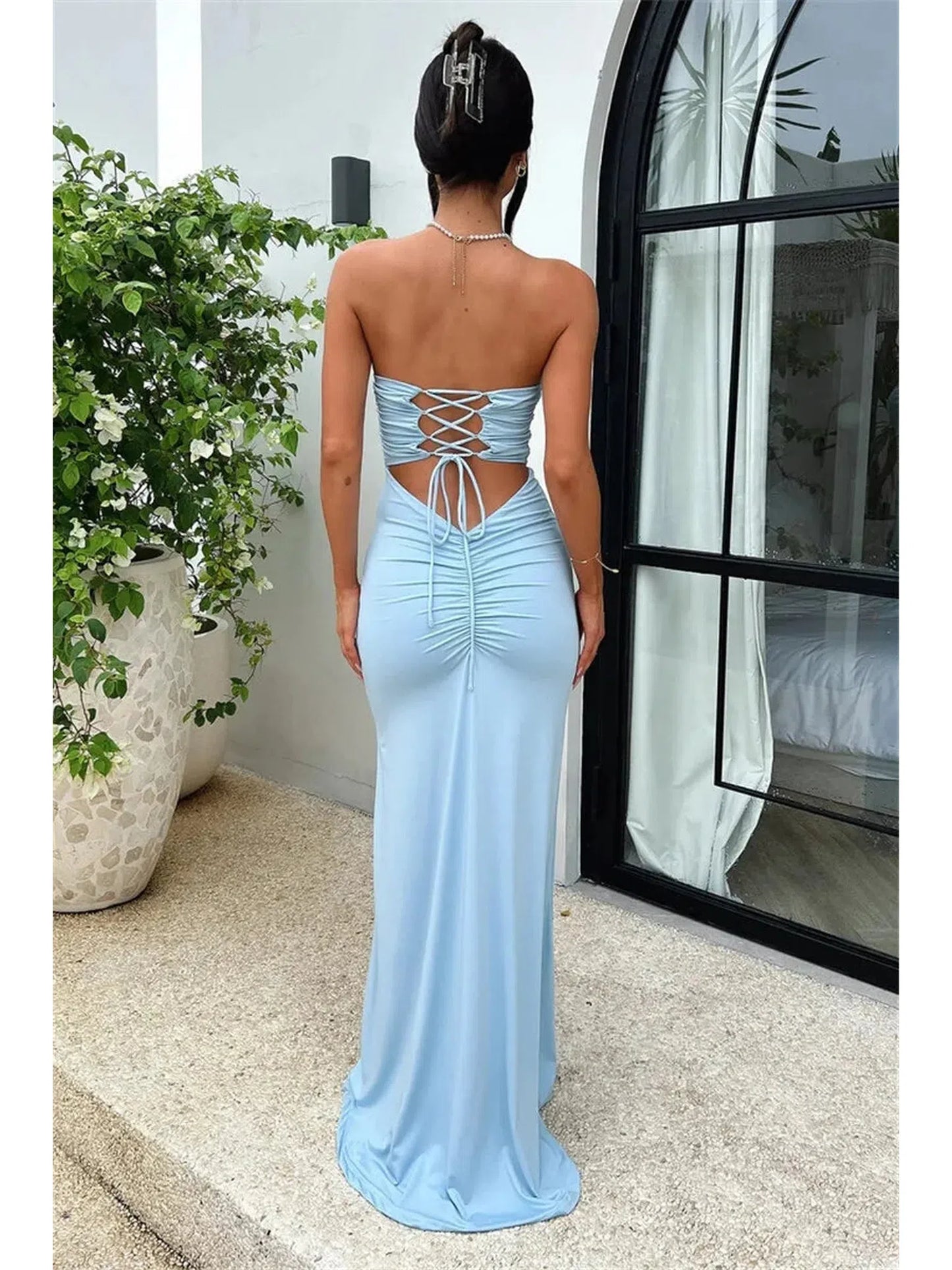 Strapless Backless Lace-Up Maxi Dress for Women