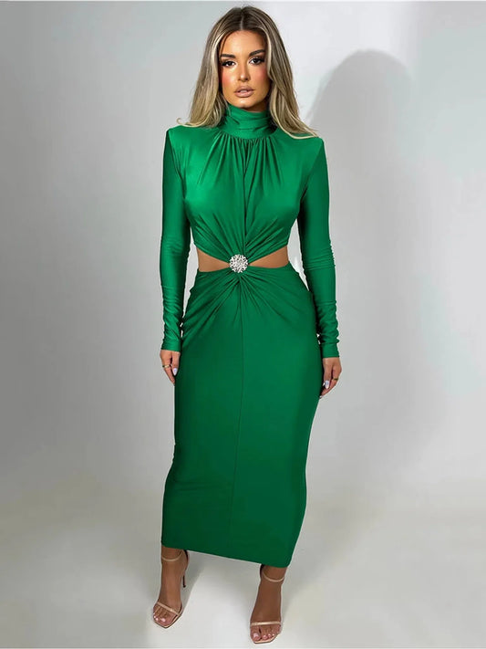 Elegant Hollow Out Turtleneck Maxi Dress for Women