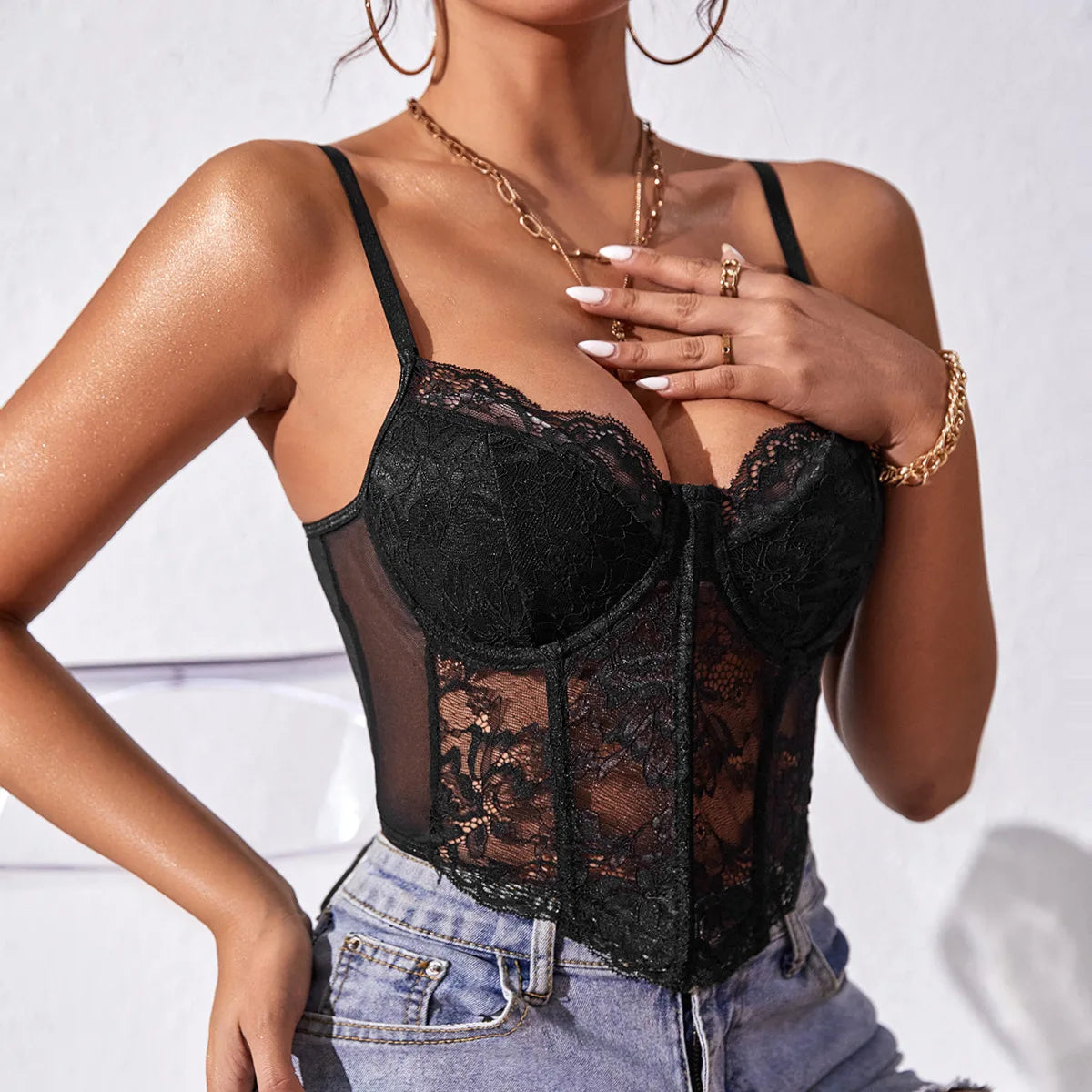 Sheer Lace Embroidery Backless Crop Top