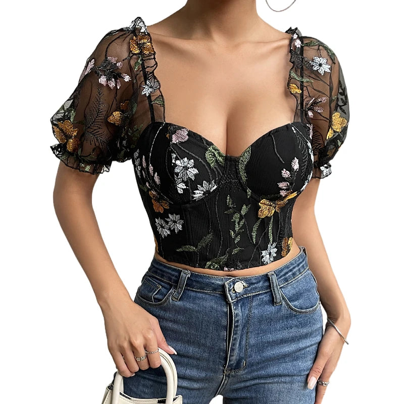 Floral Embroidery Puff Sleeve Lace Crop Top