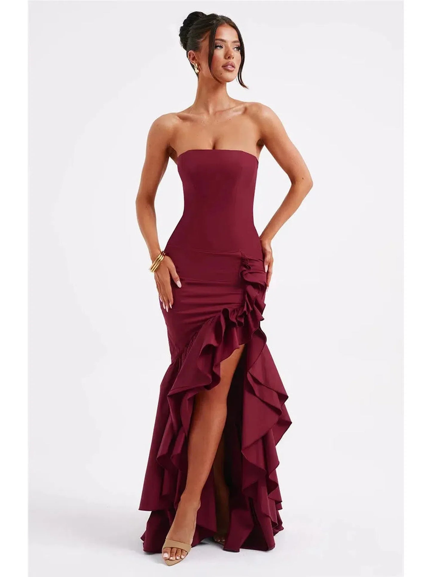 Strapless High Split Ruffle Long Dress for Women