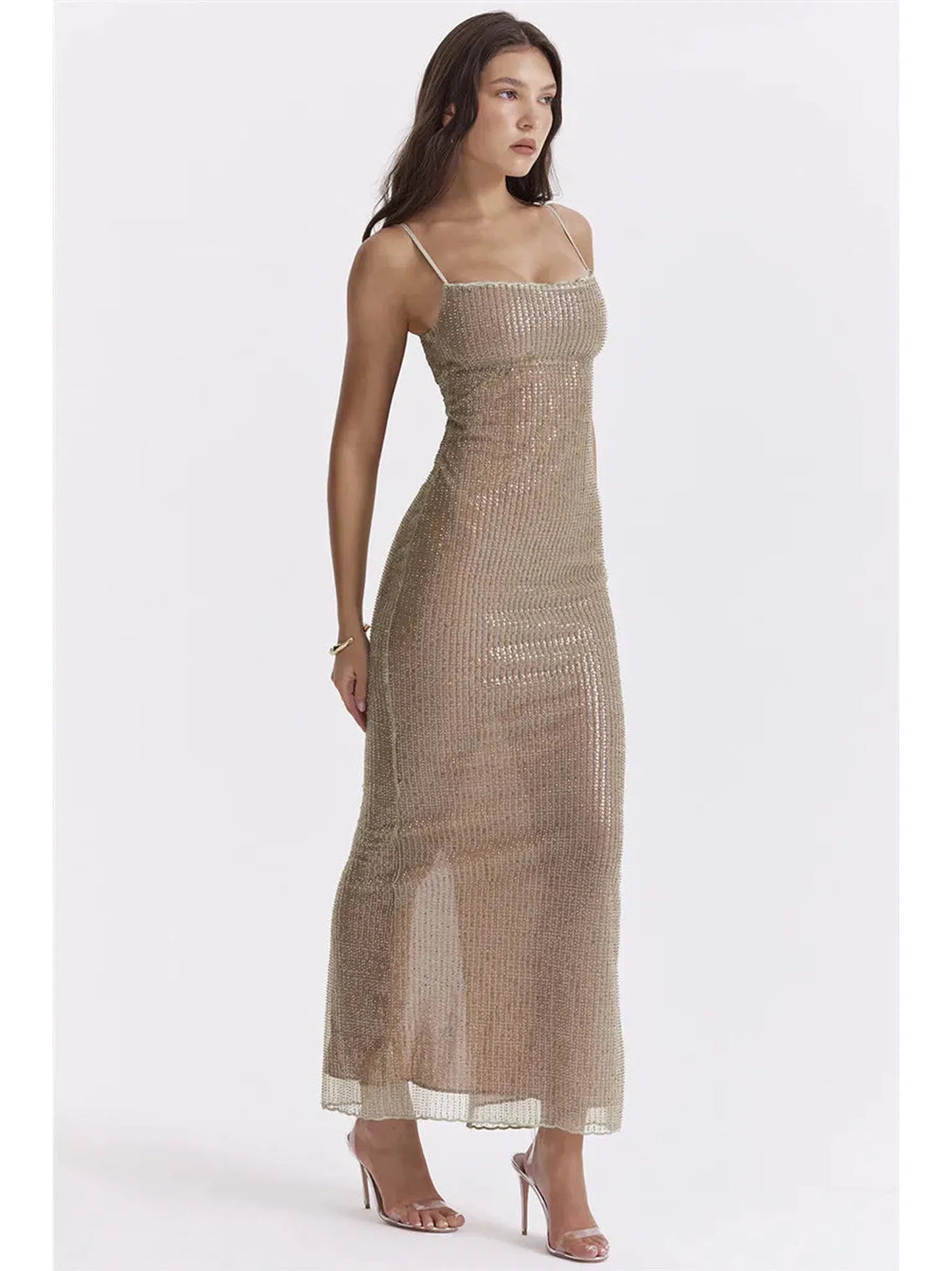 Sparkle Maxi Dress with Spaghetti Straps and Split