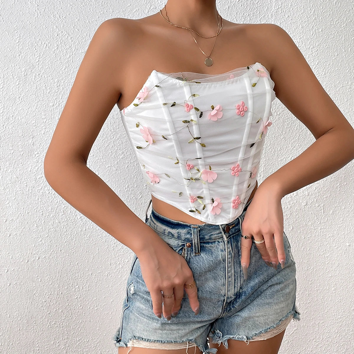 Lace Floral Embroidery Strapless Crop Top