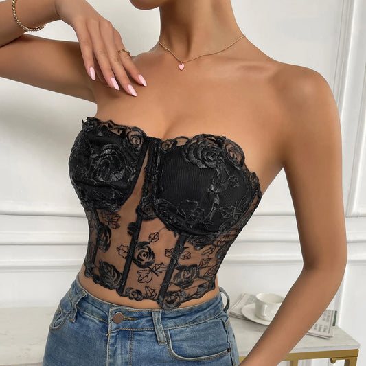 Sexy Floral Lace Strapless Crop Top