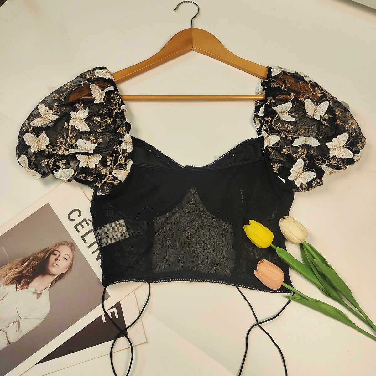 Sexy Mesh See-Through Crop Top with Butterfly Embroidery