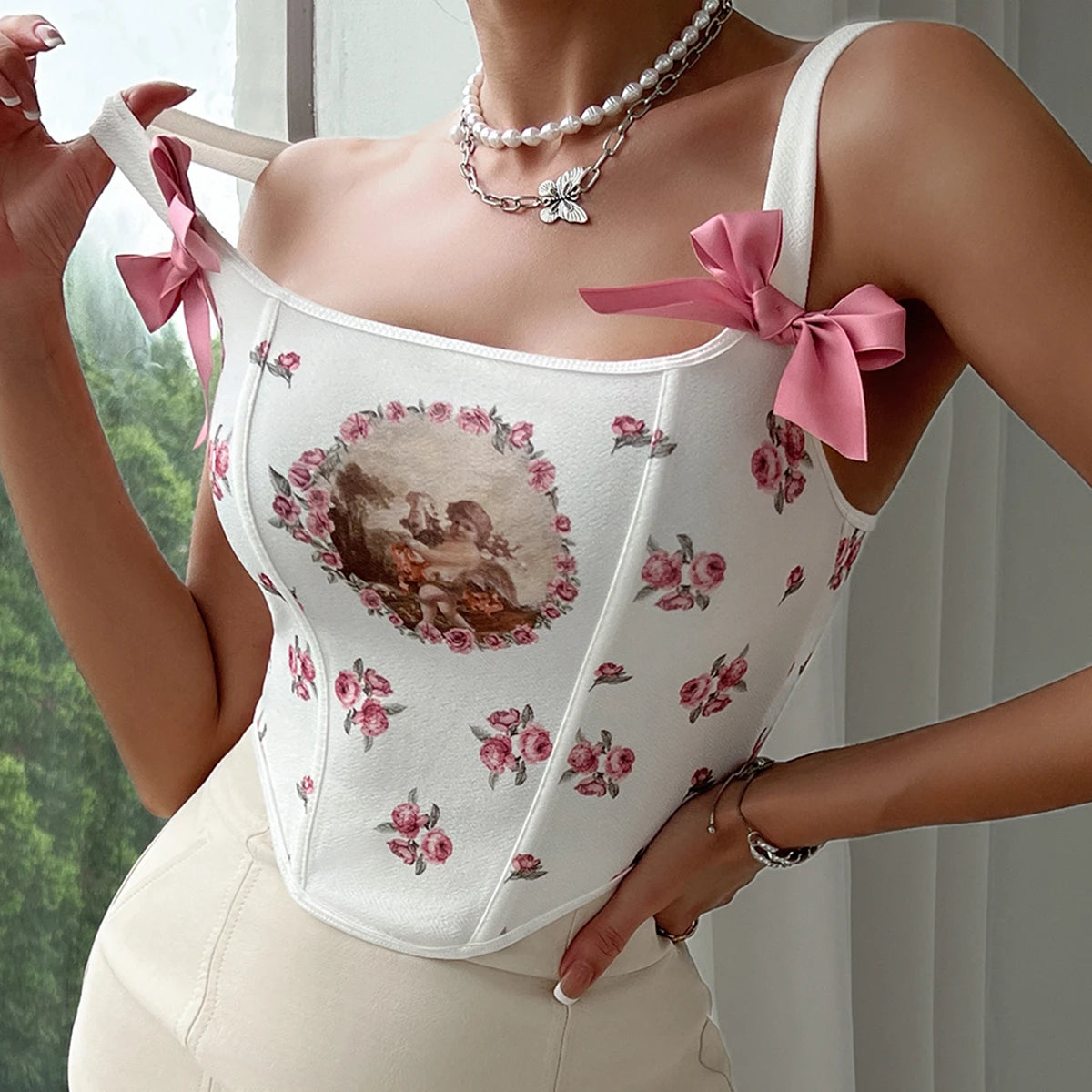 Sexy Strappy Y2K Printed Crop Top with Bow Detail