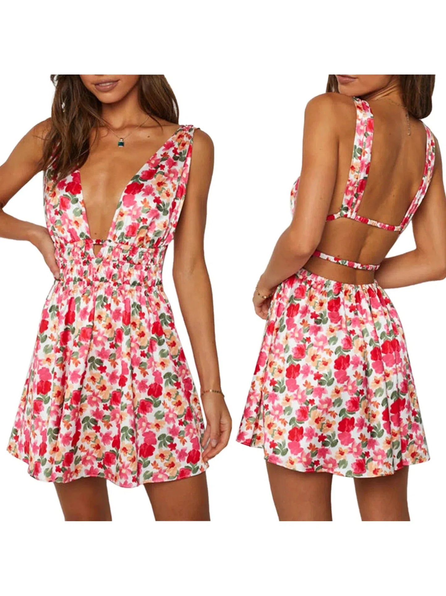 Y2K Flower Print Mini Dress, Sleeveless V-Neck Clubwear