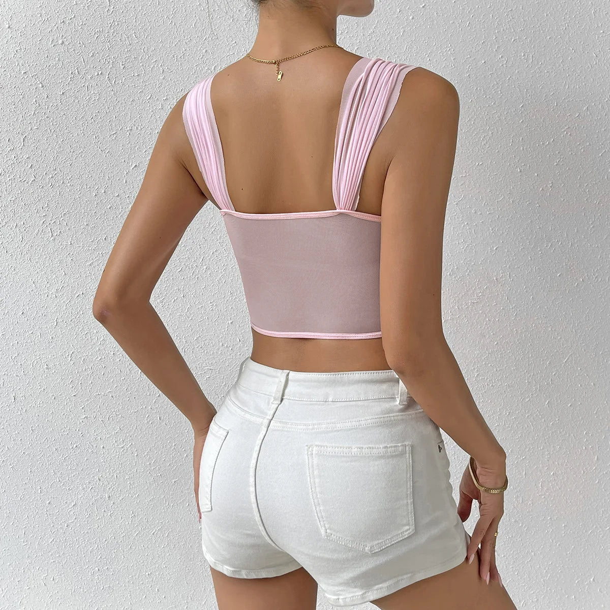 Pink Halter V Neck Lace Crop Top with 3D Rose Flowers