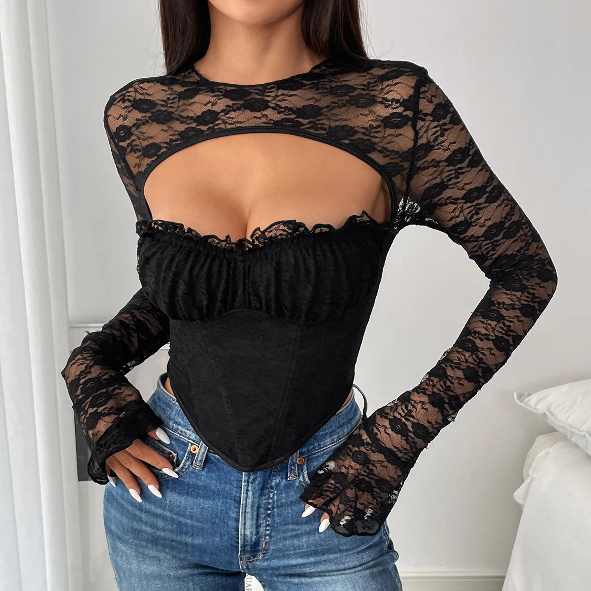 Sexy Lace-Panel Long Sleeve T-Shirt Top