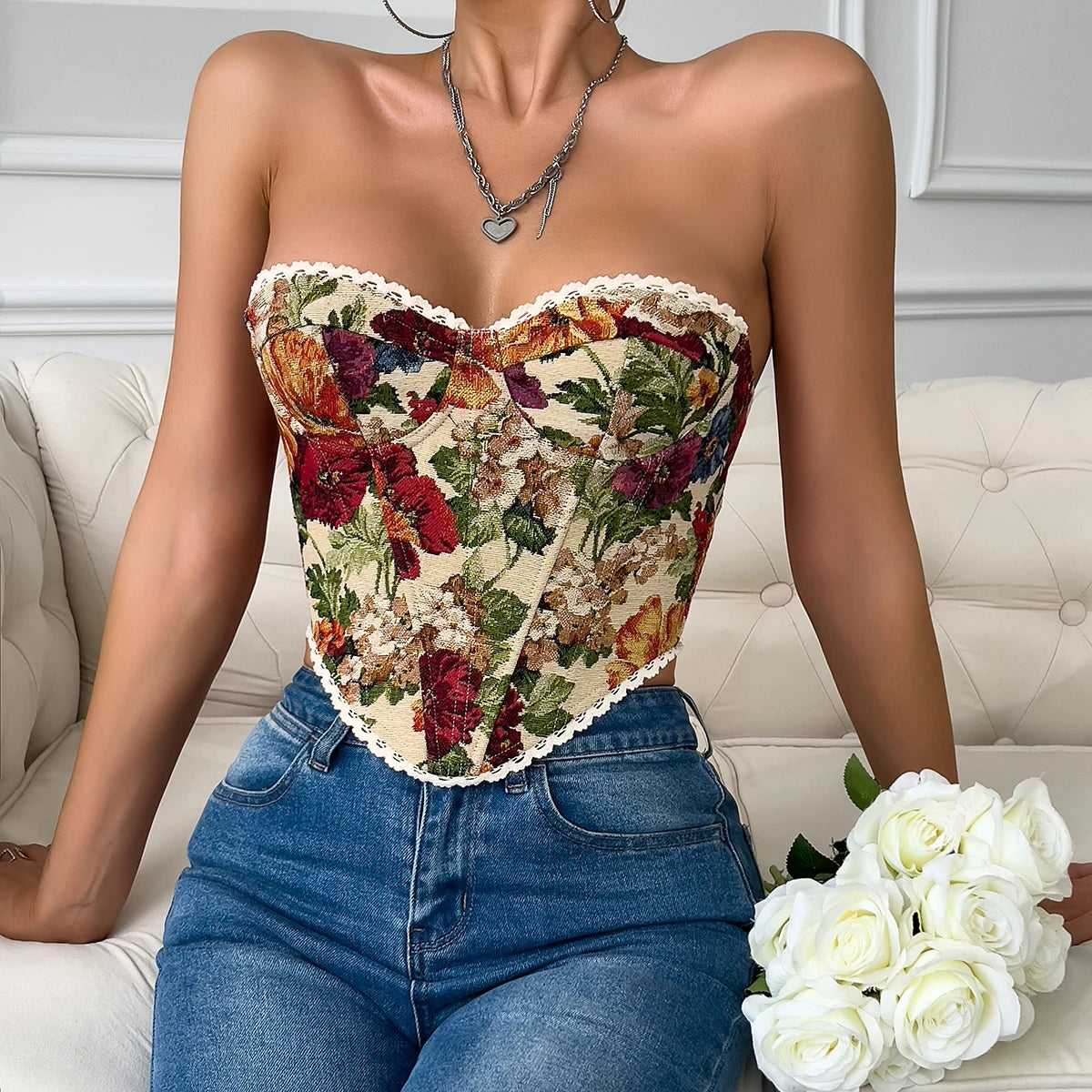 Y2K Retro Floral Lace Backless Crop Top