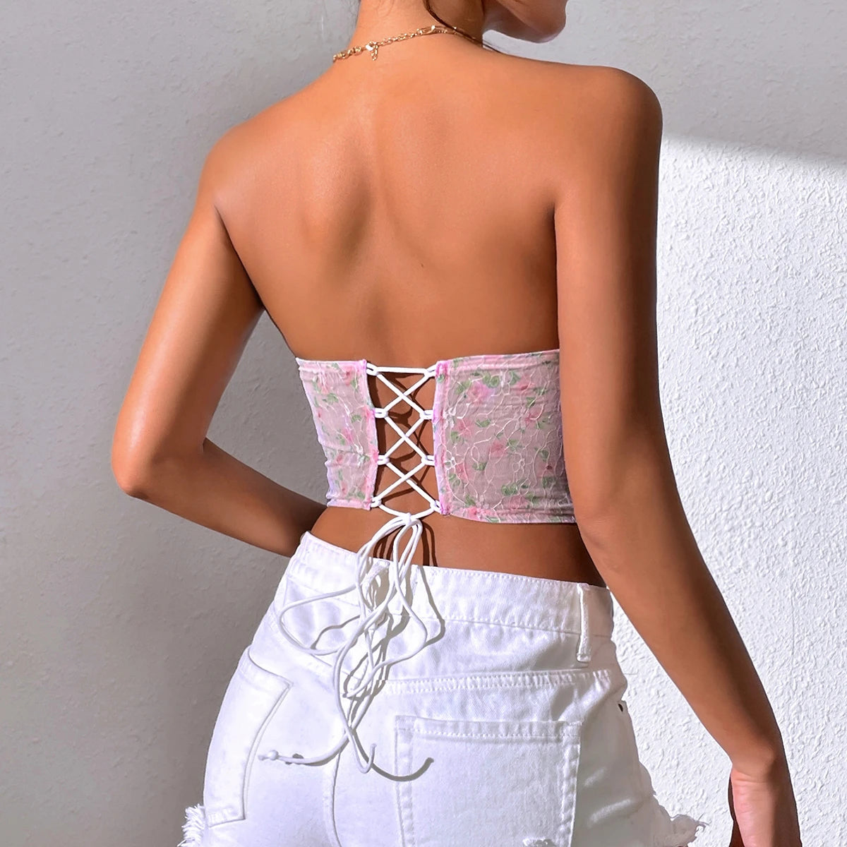 Y2K Backless Mesh Crop Top with Embroidery