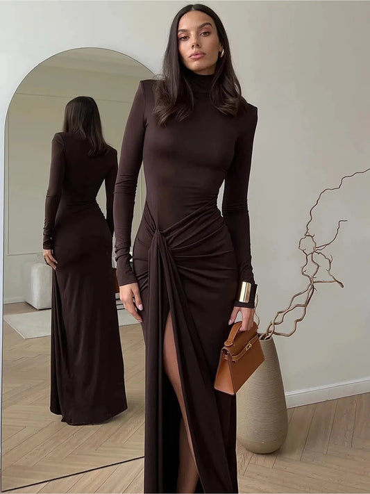 Turtleneck Thigh High Split Maxi Dress for Women