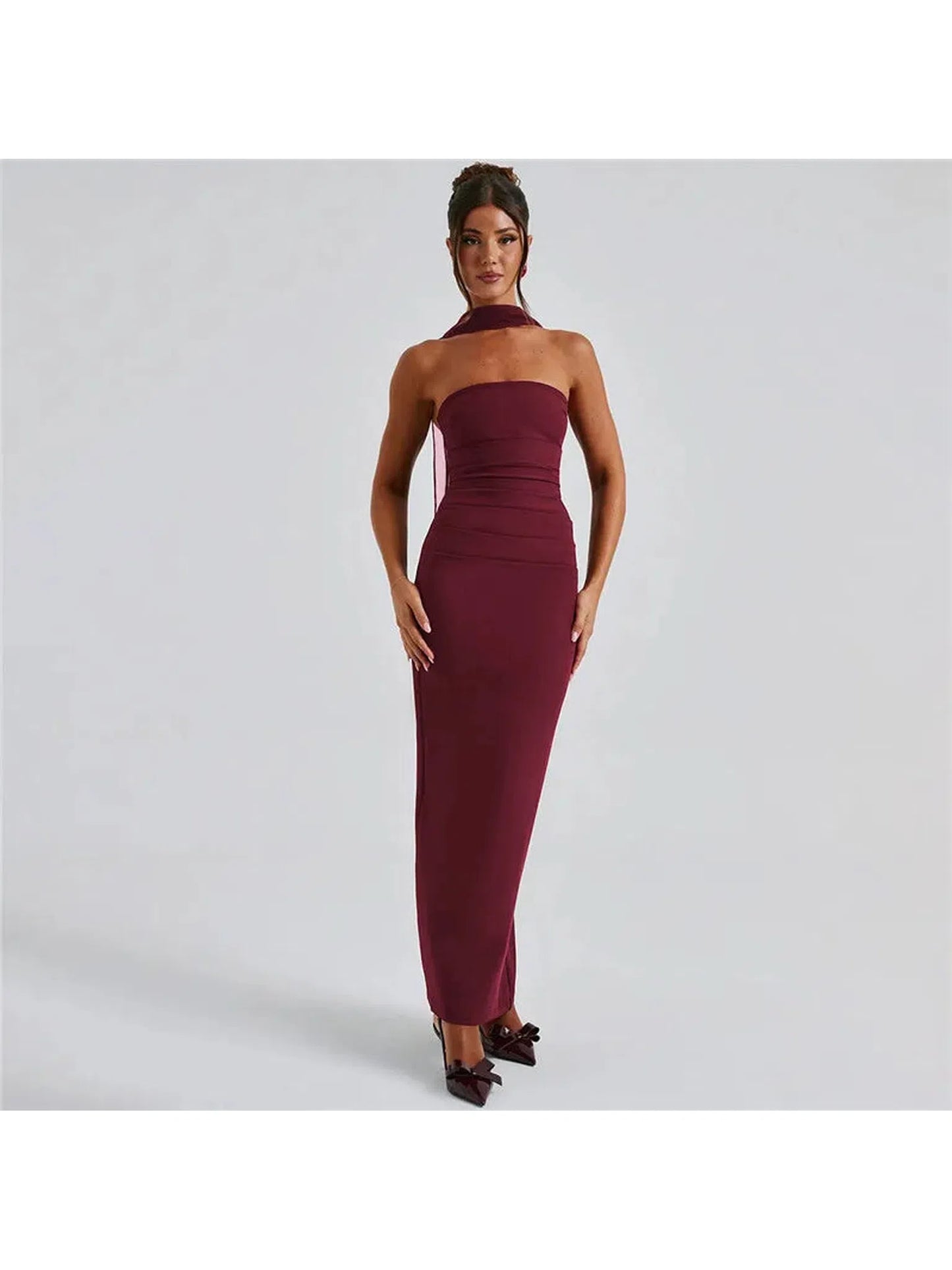 Burgundy Strapless Backless Maxi Dress For Women