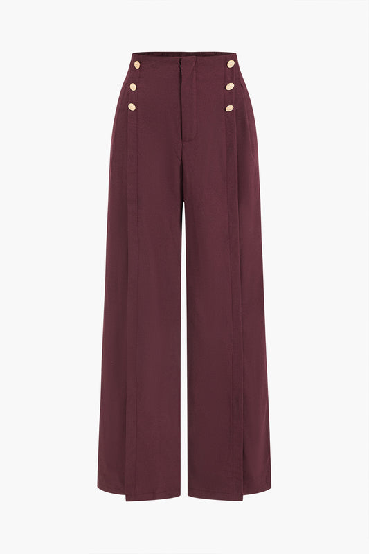 Button Detail Wide-Leg Pants in Plain Fabric