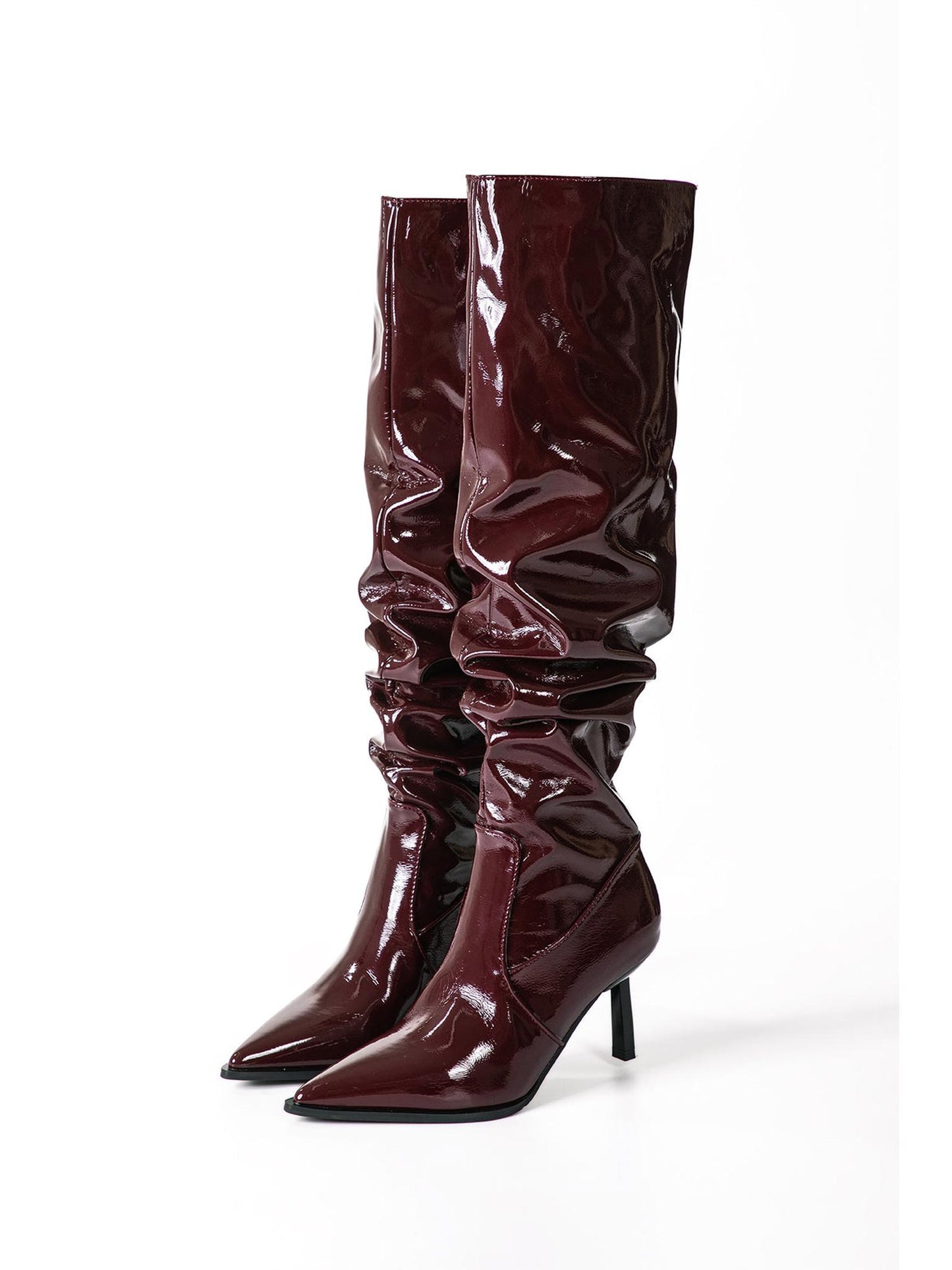 Faux Leather Ruched Pointed Toe Knee High Boots