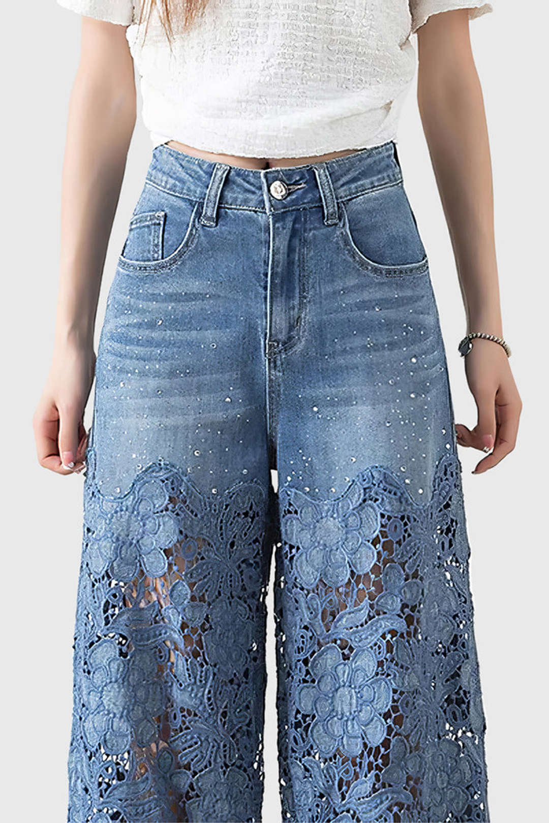 Lace Cut Out Patchwork Wide Leg Jeans