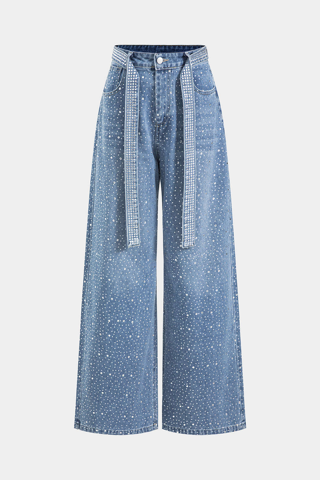 Denim Rhinestone Button Pocket Wide Leg Jeans