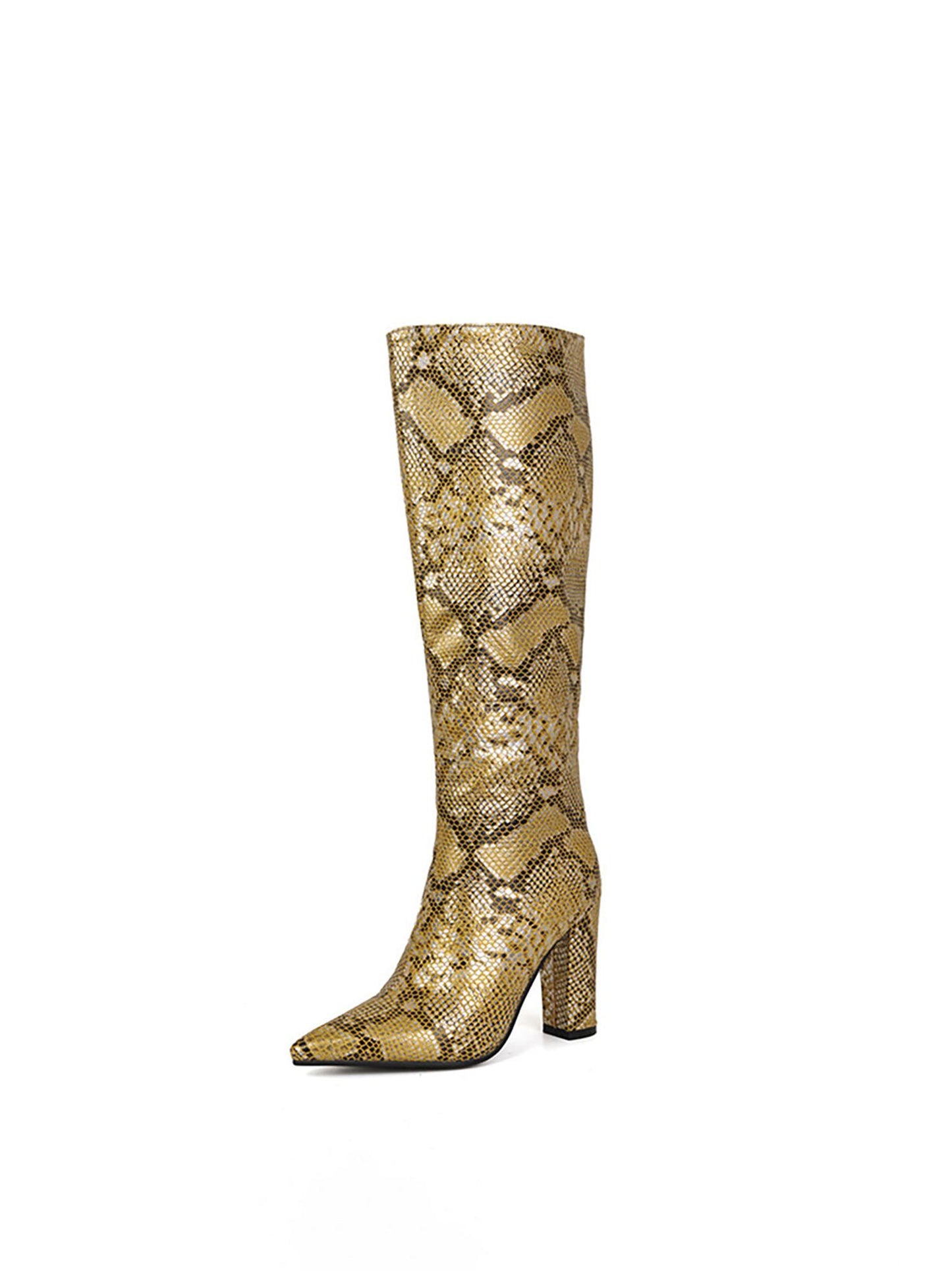 Snake Pattern Faux Leather Knee High Boots