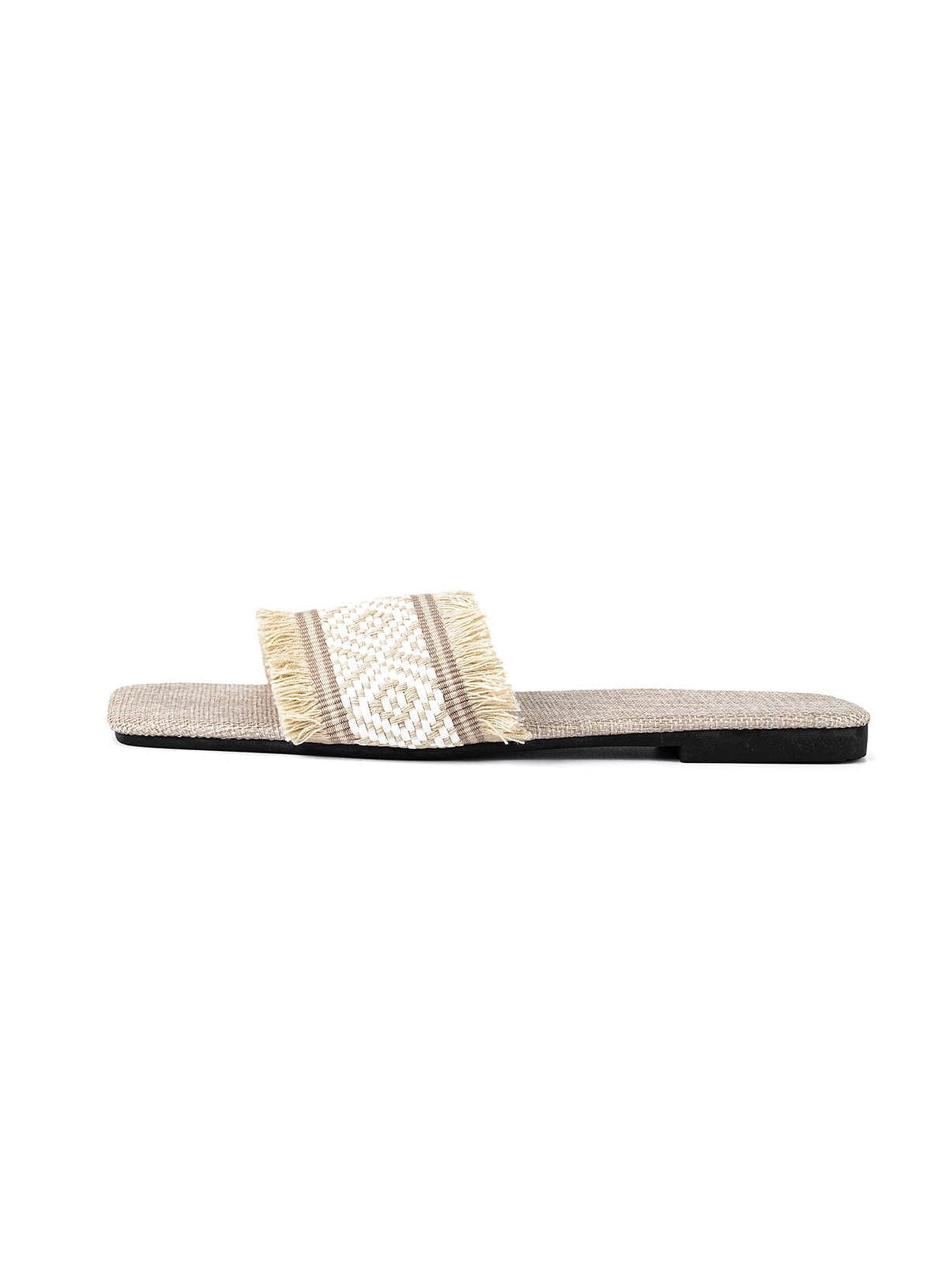 Fringed Weave Beach Slides in Linen Fabric