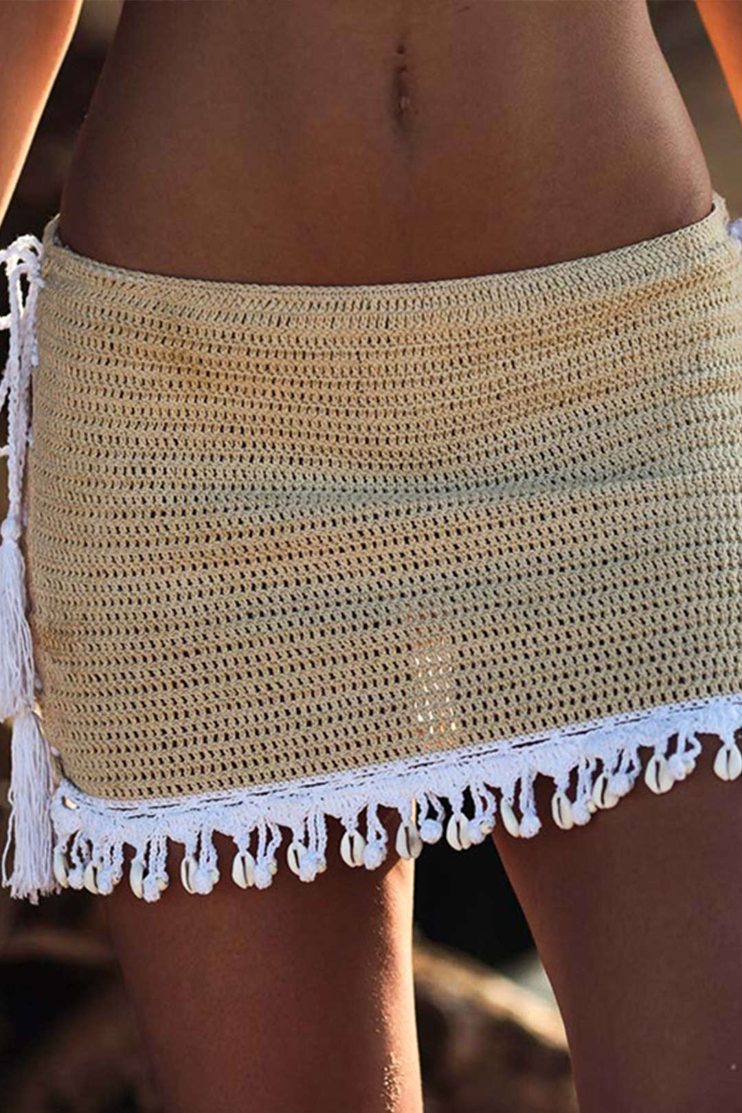 Crochet Shell Tassel Knit Skirt with Sheer Fabric