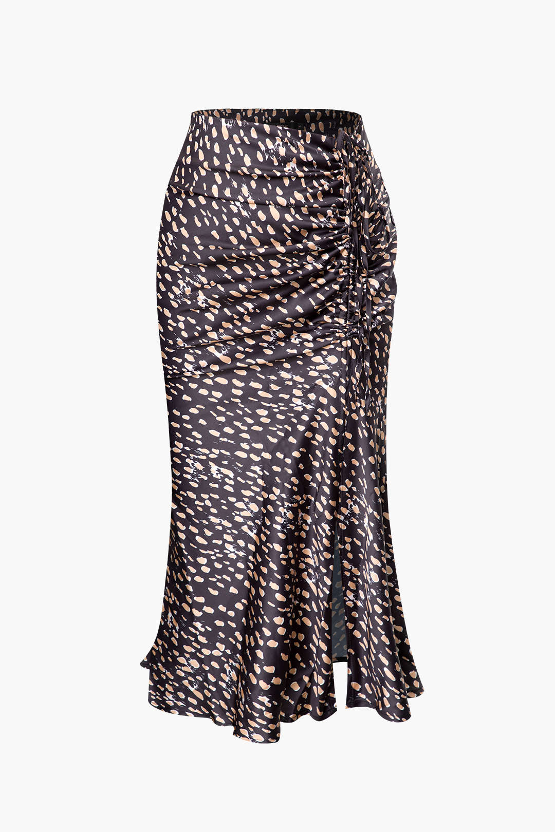 Leopard Drawstring Slit Skirt in Satin Fabric