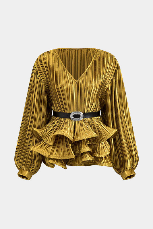 Satin Ruffle Belted V-Neck Long-Sleeve Top