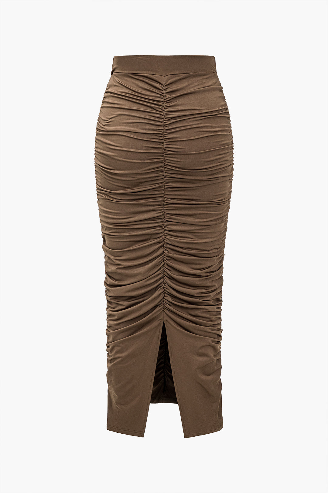 Solid Ruched Slit Skirt in Jersey Fabric