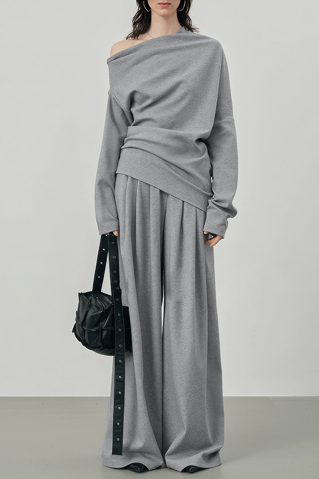 Ruched Wide Leg Trousers in Soft Jersey Fabric