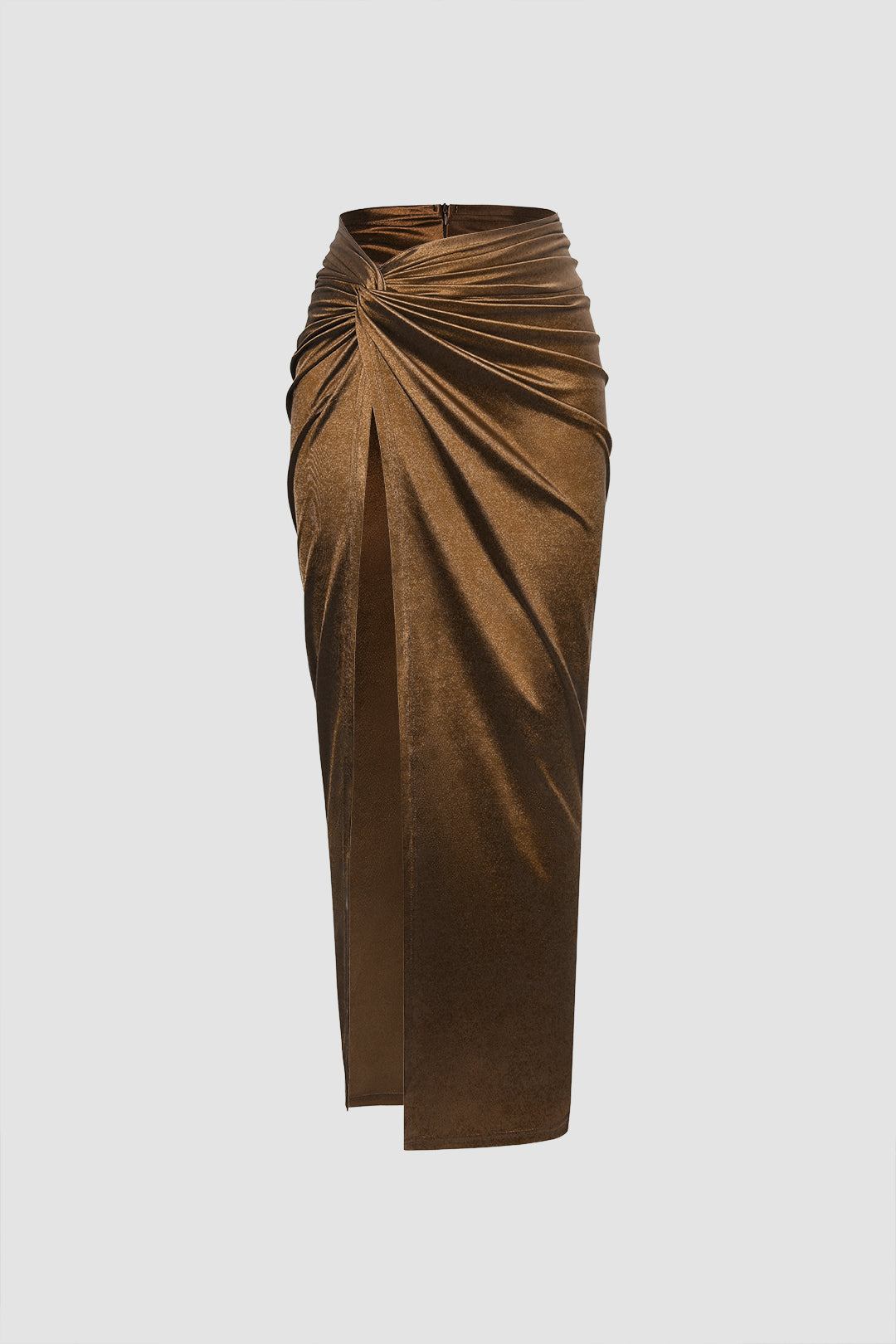 Twist Detail High Slit Satin Midi Skirt