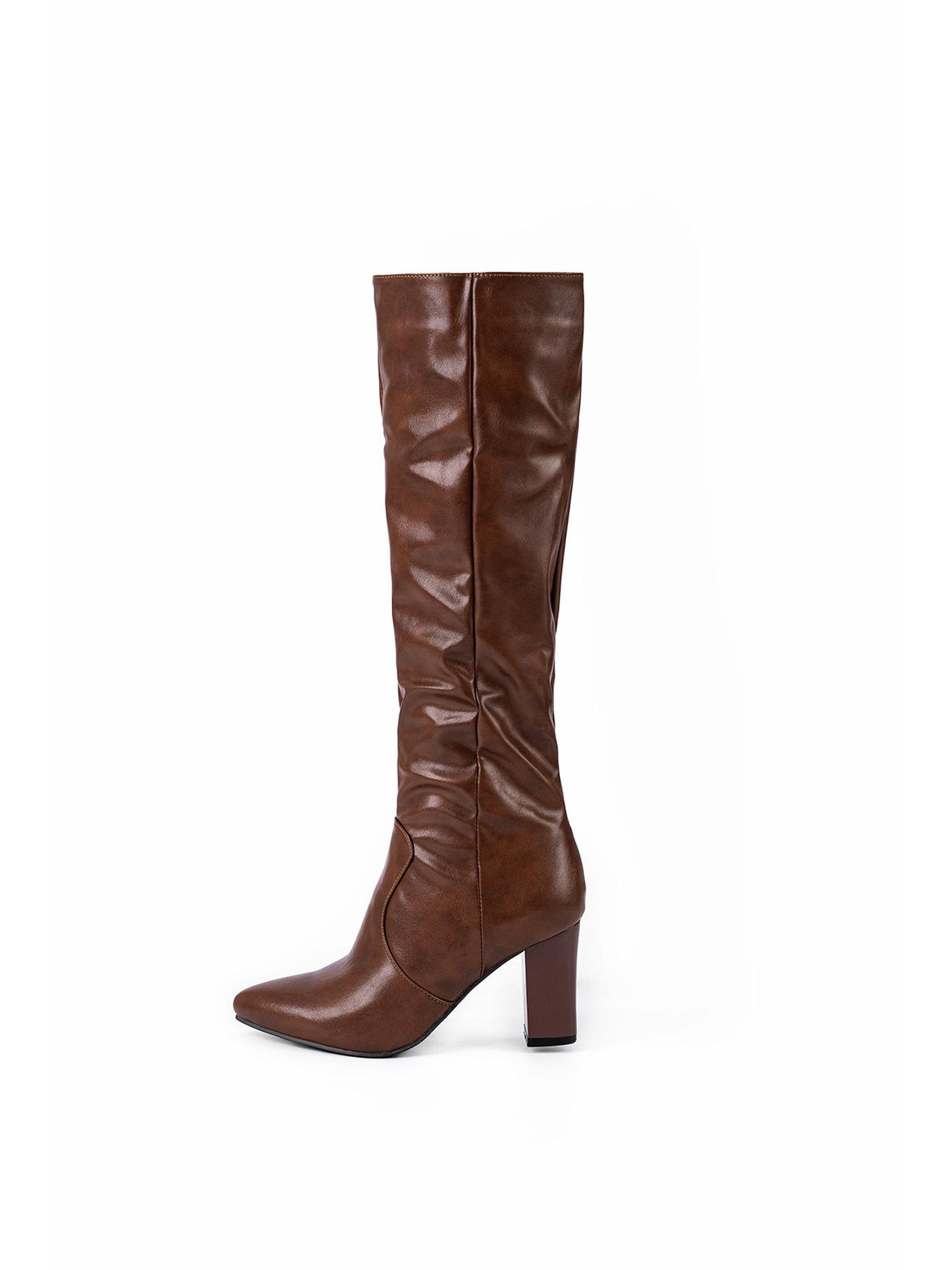 Faux Leather Side Zipper Pointed Knee High Boots