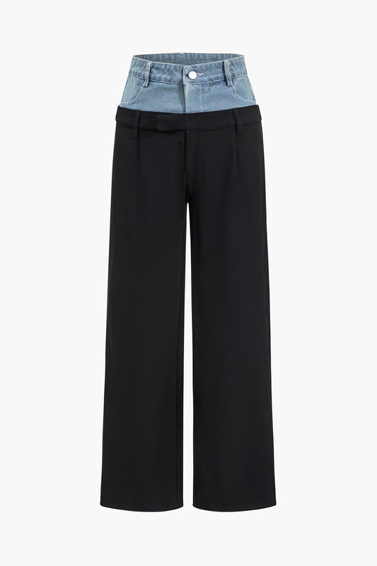 Denim Patchwork Straight Trousers for Casual Style