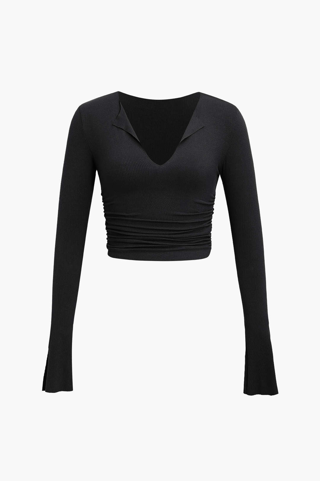 Ruched V-Neck Slit Sleeve Top in Ribbed Fabric