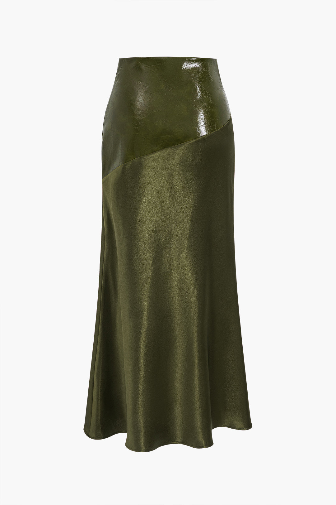 Satin Patchwork Faux Leather Asymmetrical Skirt