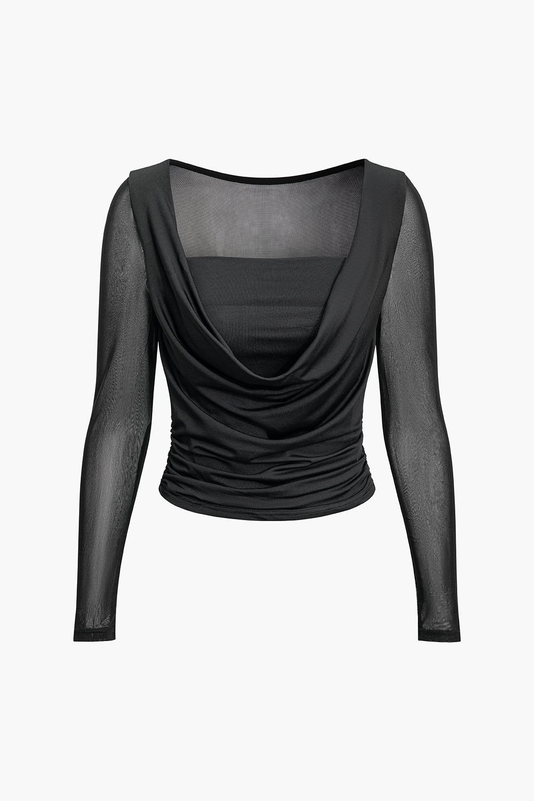 Mesh Ruched Sheer Cowl Neck Long-Sleeve Top