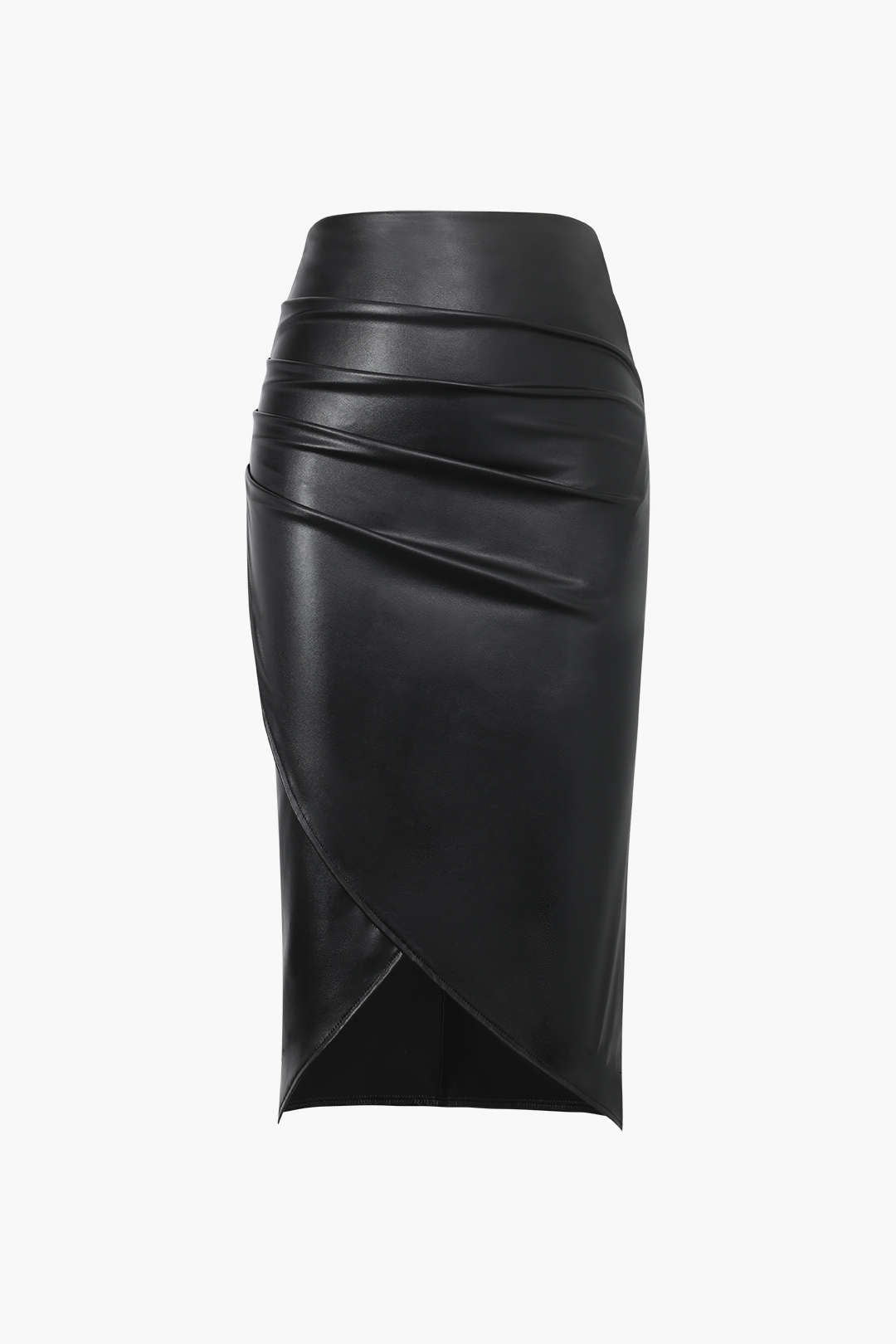 Faux Leather Wrap Ruched Midi Skirt for Chic Style