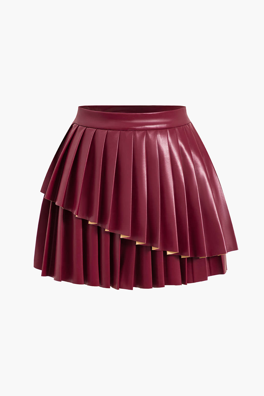 Solid Faux Leather Pleated Asymmetrical Skirt