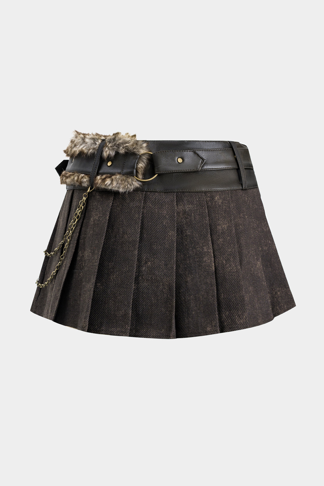 Faux Leather Fur Patchwork Pleated Skirt