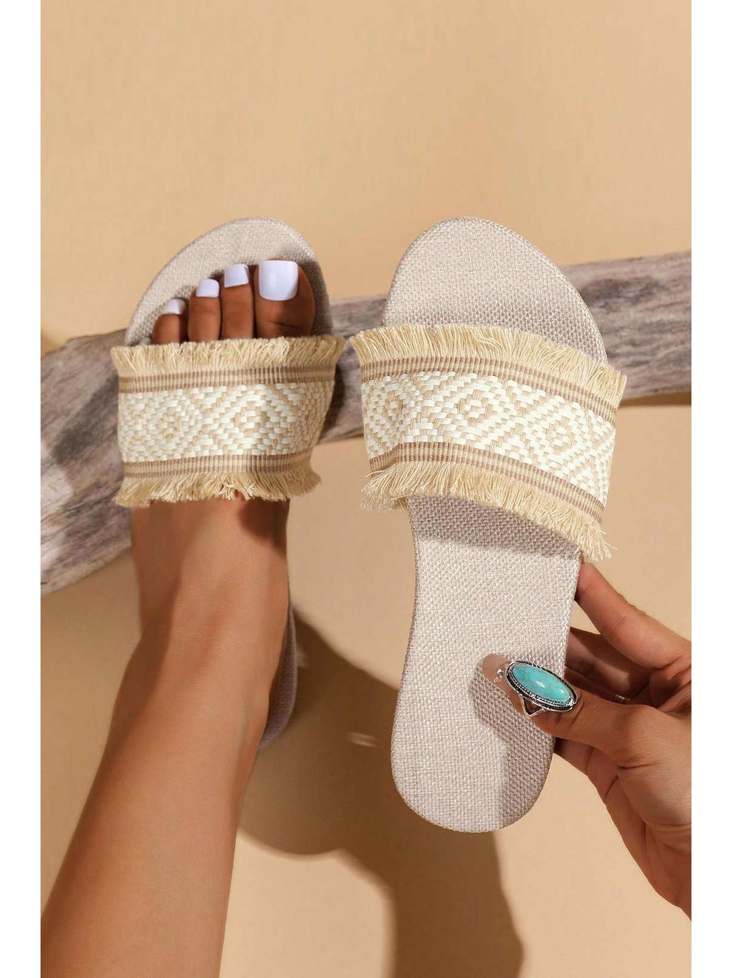 Fringed Weave Beach Slides in Linen Fabric