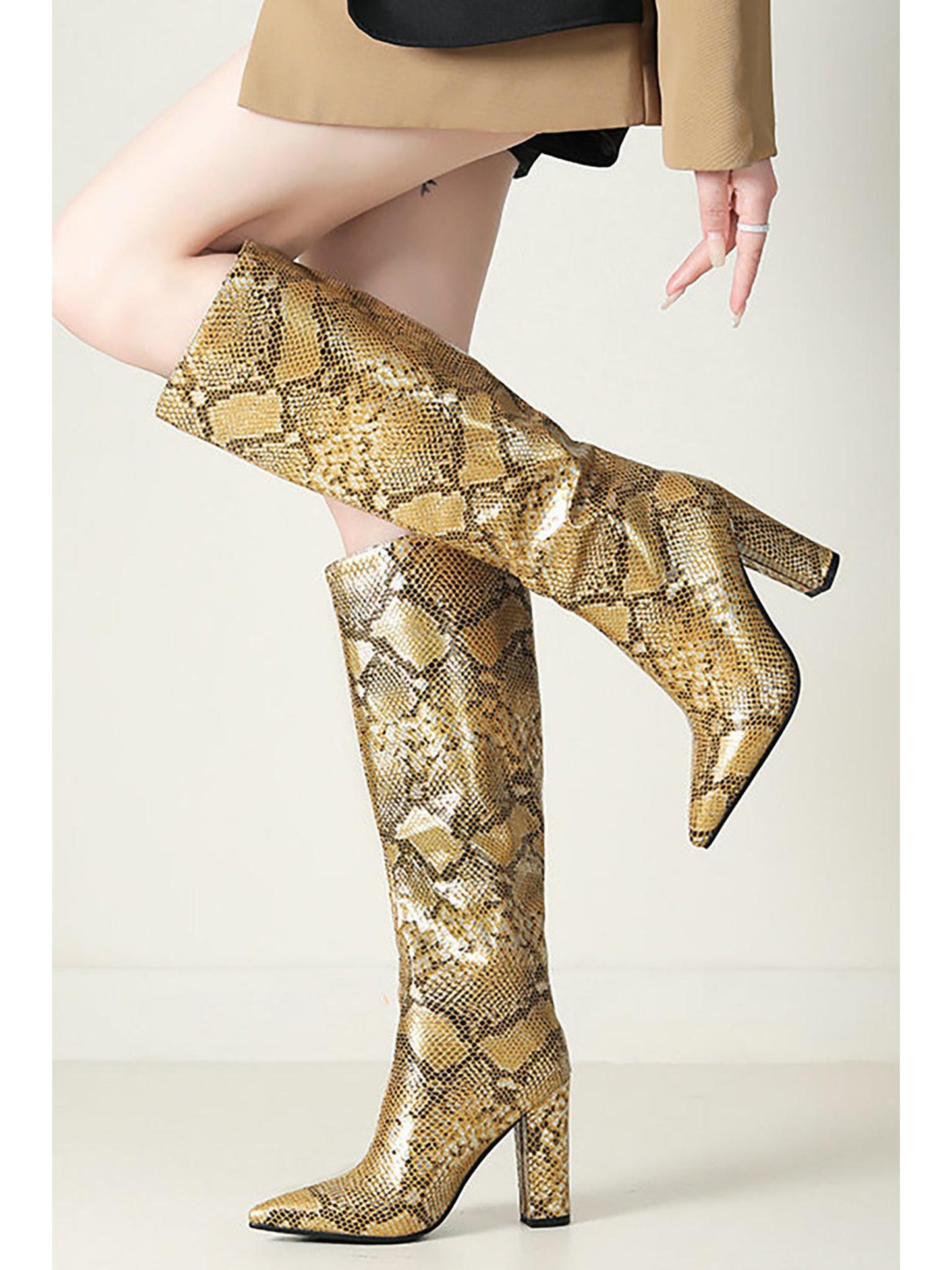 Snake Pattern Faux Leather Knee High Boots