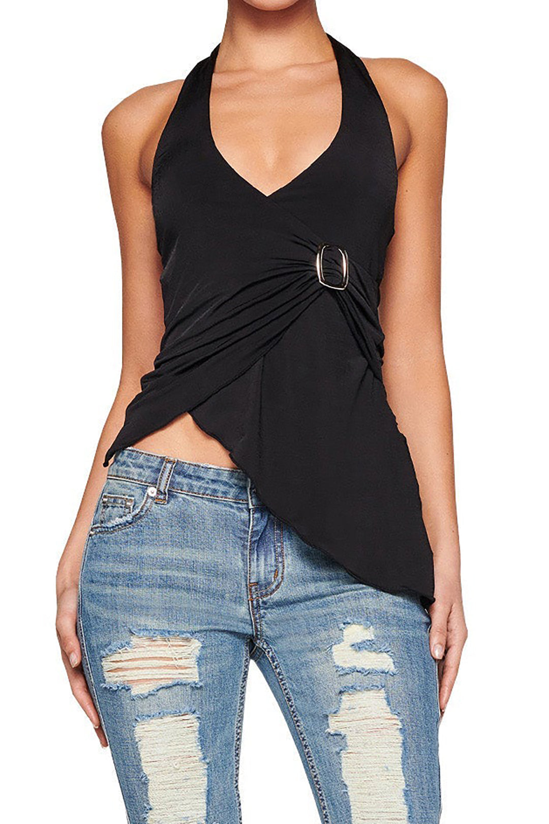 Metallic Buckle Ruched Asymmetrical Tie-Up Back Top