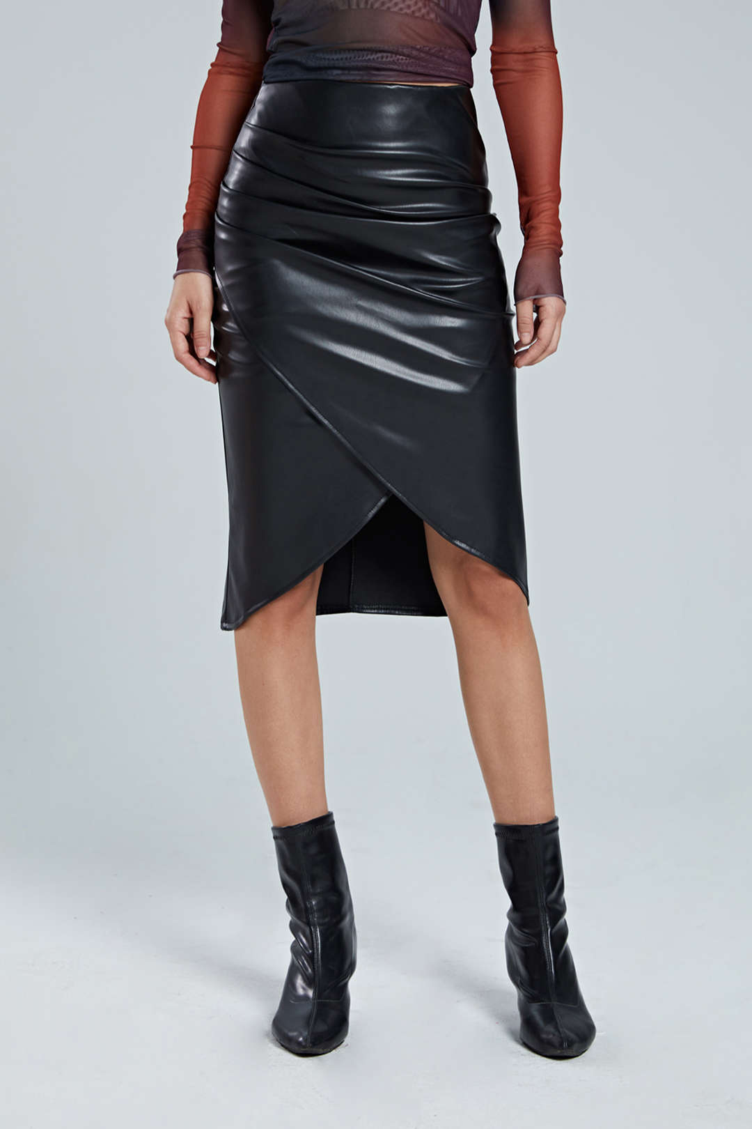 Faux Leather Wrap Ruched Midi Skirt for Chic Style