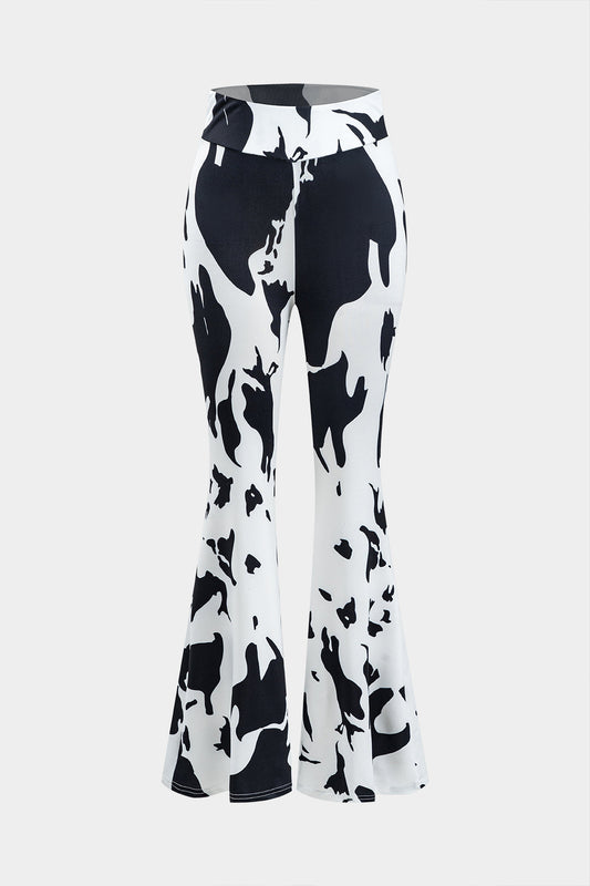 Abstract Print Flare Leg Trousers in Jersey Fabric