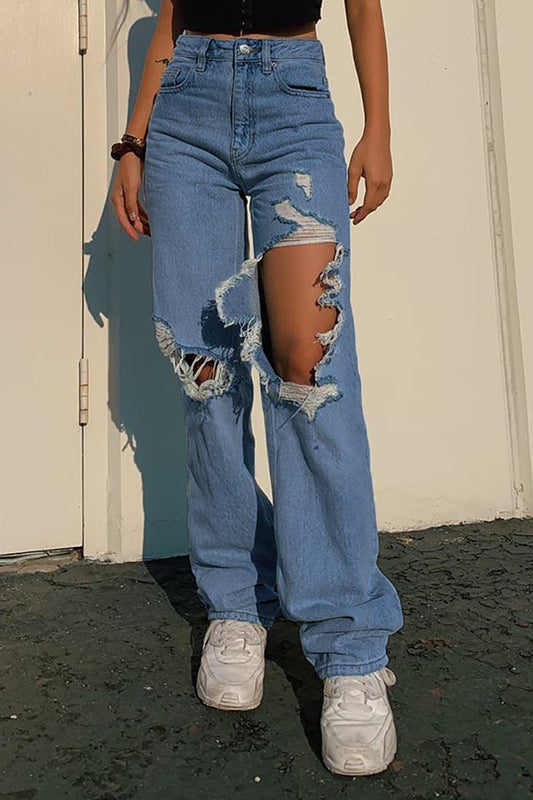 Denim Cut Out Washed Ripped Button Pocket Jeans